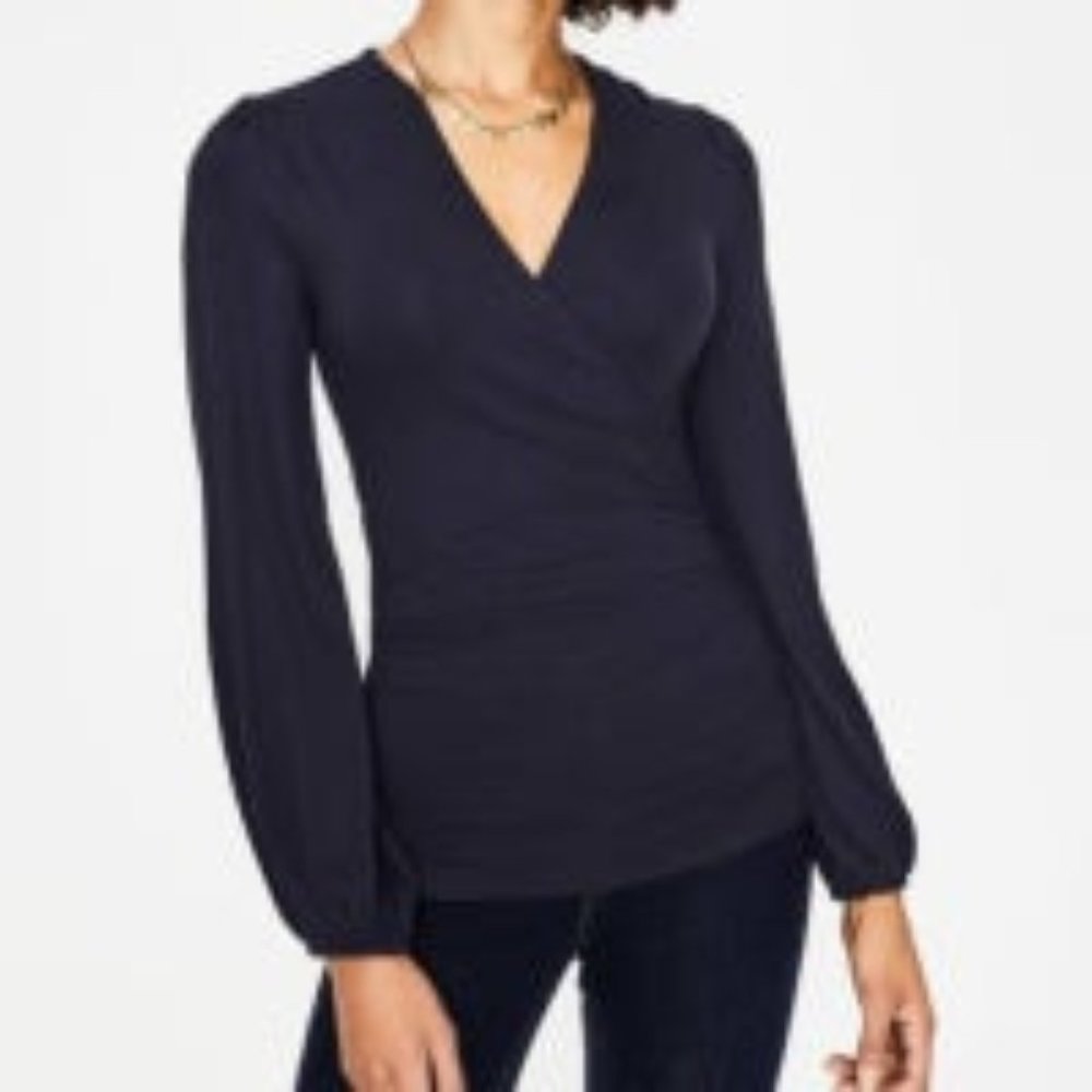 Boden Navy Wrap-Front Long Sleeve Blouse
